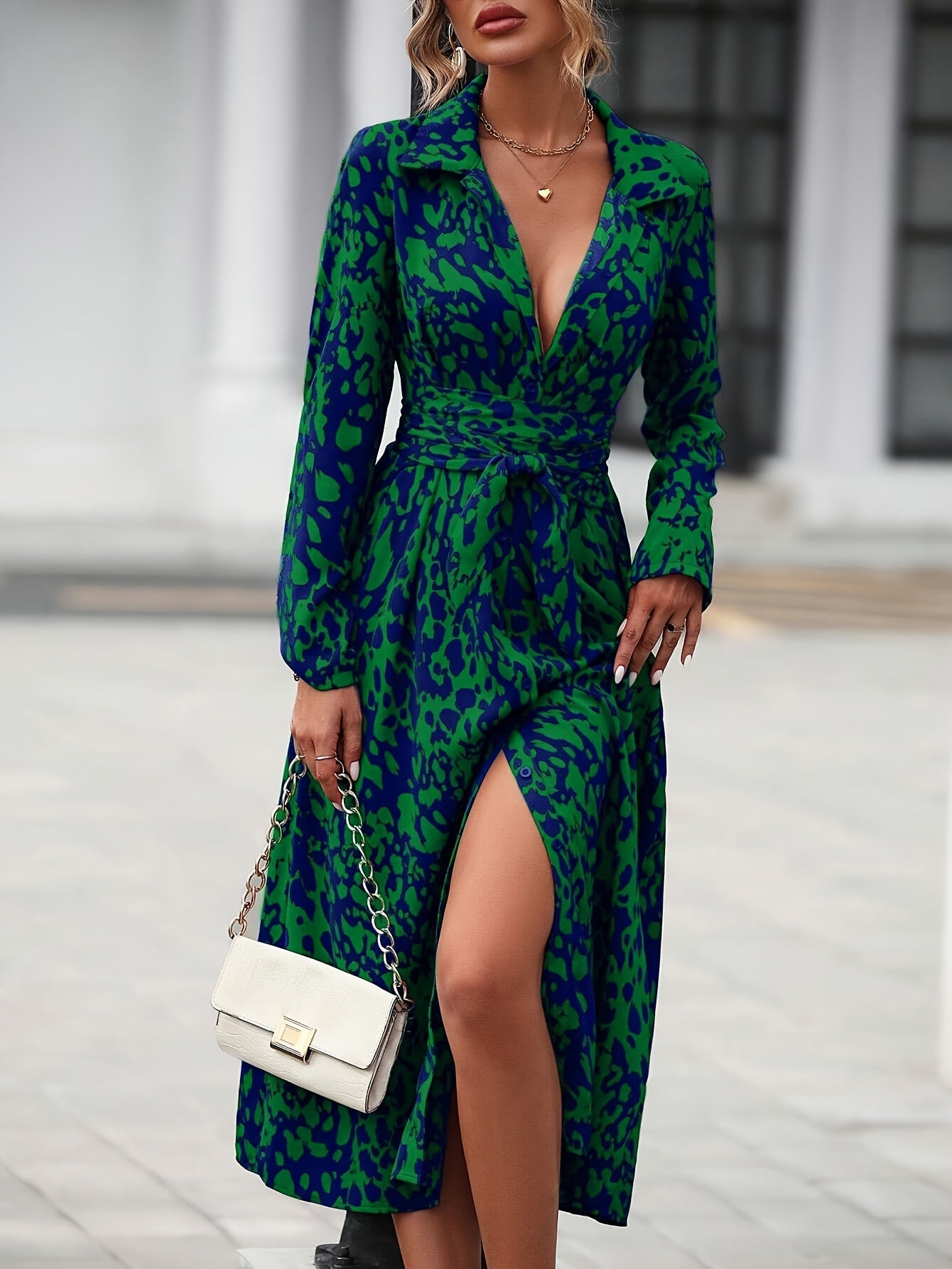 Elegant Long Sleeve Cinched Waist Allover Print Button Down Midi Dress