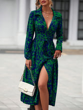 Load image into Gallery viewer, Elegant Long Sleeve Cinched Waist Allover Print Button Down Midi Dress
