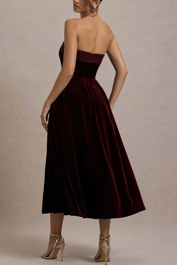 Elegant Strapless A-line Velvet Midi Dress