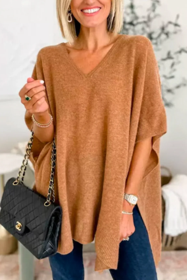 Classic V Neck Loose Fit Solid Poncho Sweater