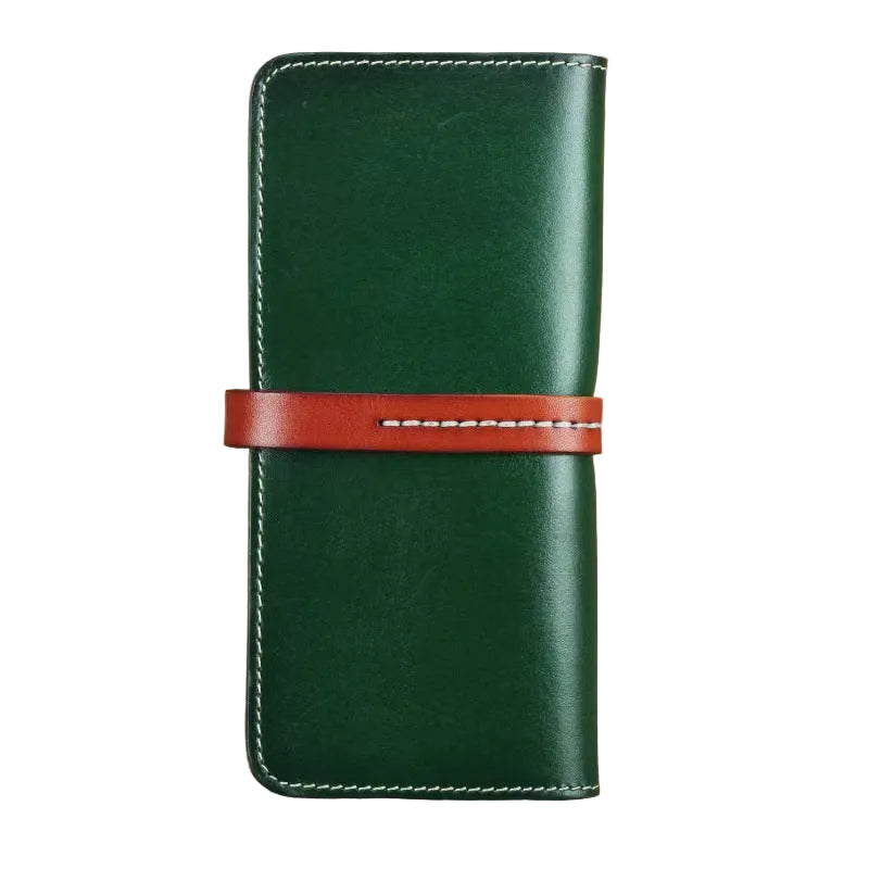 Back view of dark green full grain leather long wallet, brown leather tie strap and neat hand white stitching