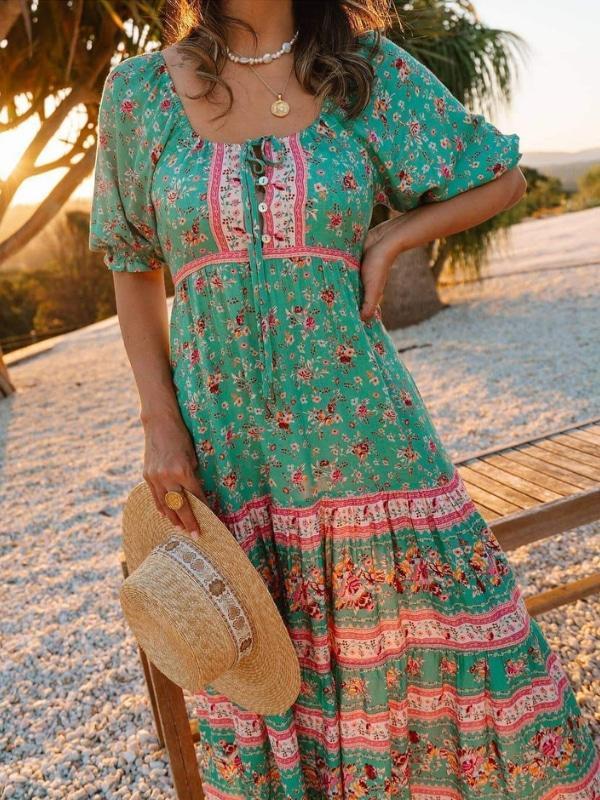 Boho Blue Floral Print Short Sleeve Maxi Dress