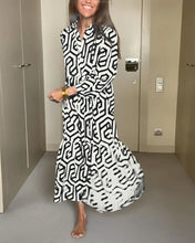 Load image into Gallery viewer, Collar Long Sleeves Print Button Down Midi Dress
