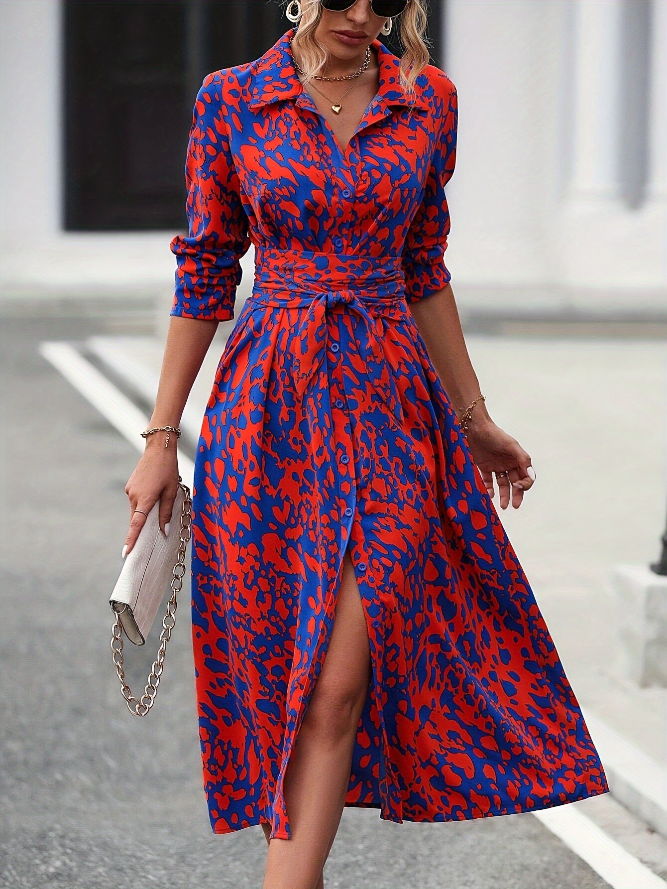 Elegant Long Sleeve Cinched Waist Allover Print Button Down Midi Dress