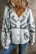 Load image into Gallery viewer, Light Grey Geometric Pattern Ribbed Trim Button Up Cardigan
