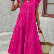 Load image into Gallery viewer, Loose V Neck Ruffle Sleeve Tiered Midi Dress
