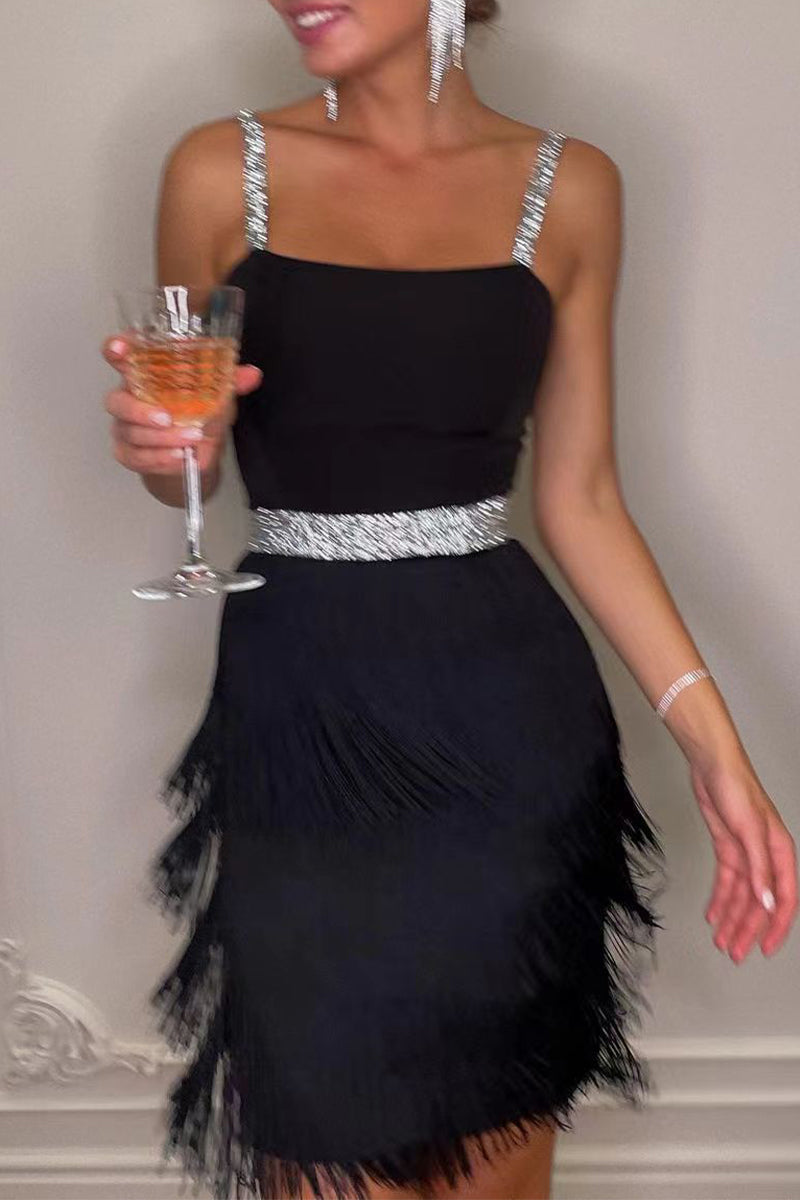 Sexy Sequins Straps Tassel Tiered Mini Party Dress
