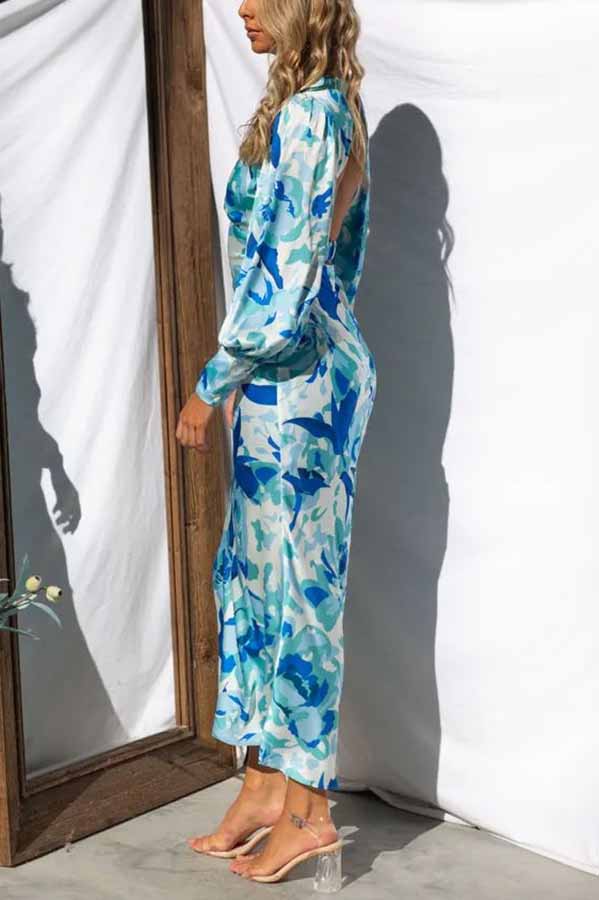 Chic Bouquet Floral Long Sleeves Hollow Out Midi Dress