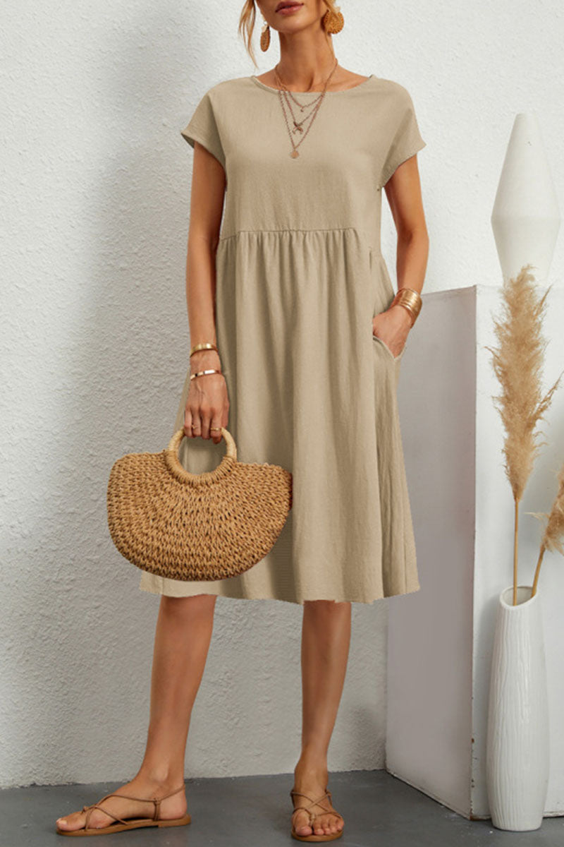Casual Round Neck Short Sleeve A Line Pockets Midi Dress
