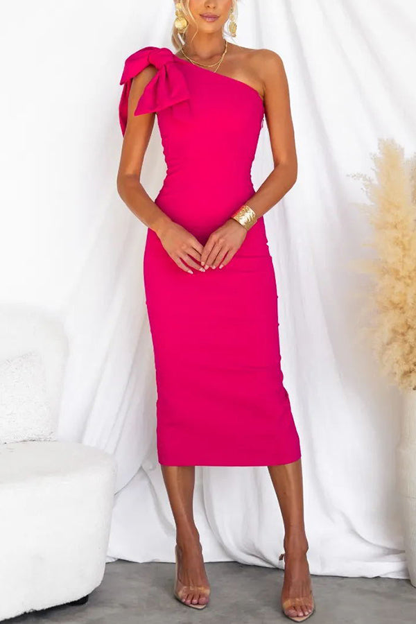 Elegant Bow Detail One Shoulder Bodycon Midi Dress