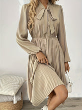 Load image into Gallery viewer, Elegant Beige Tie Neck Pleated Long Sleeve Midi Dress
