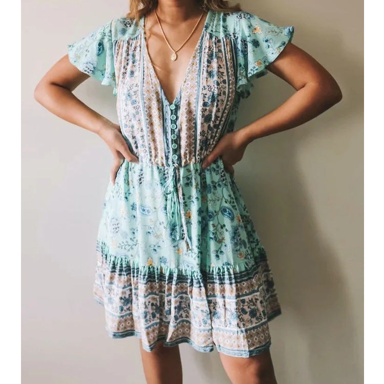 Blue Floral Print Mini Dress Sundress