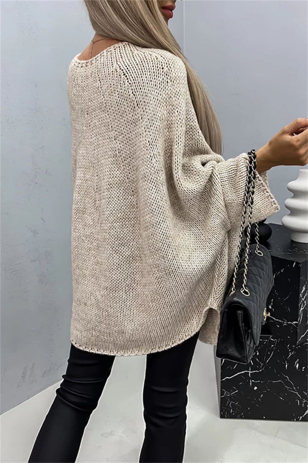 Casual Knit Crew Neck Poncho Loose Sweater
