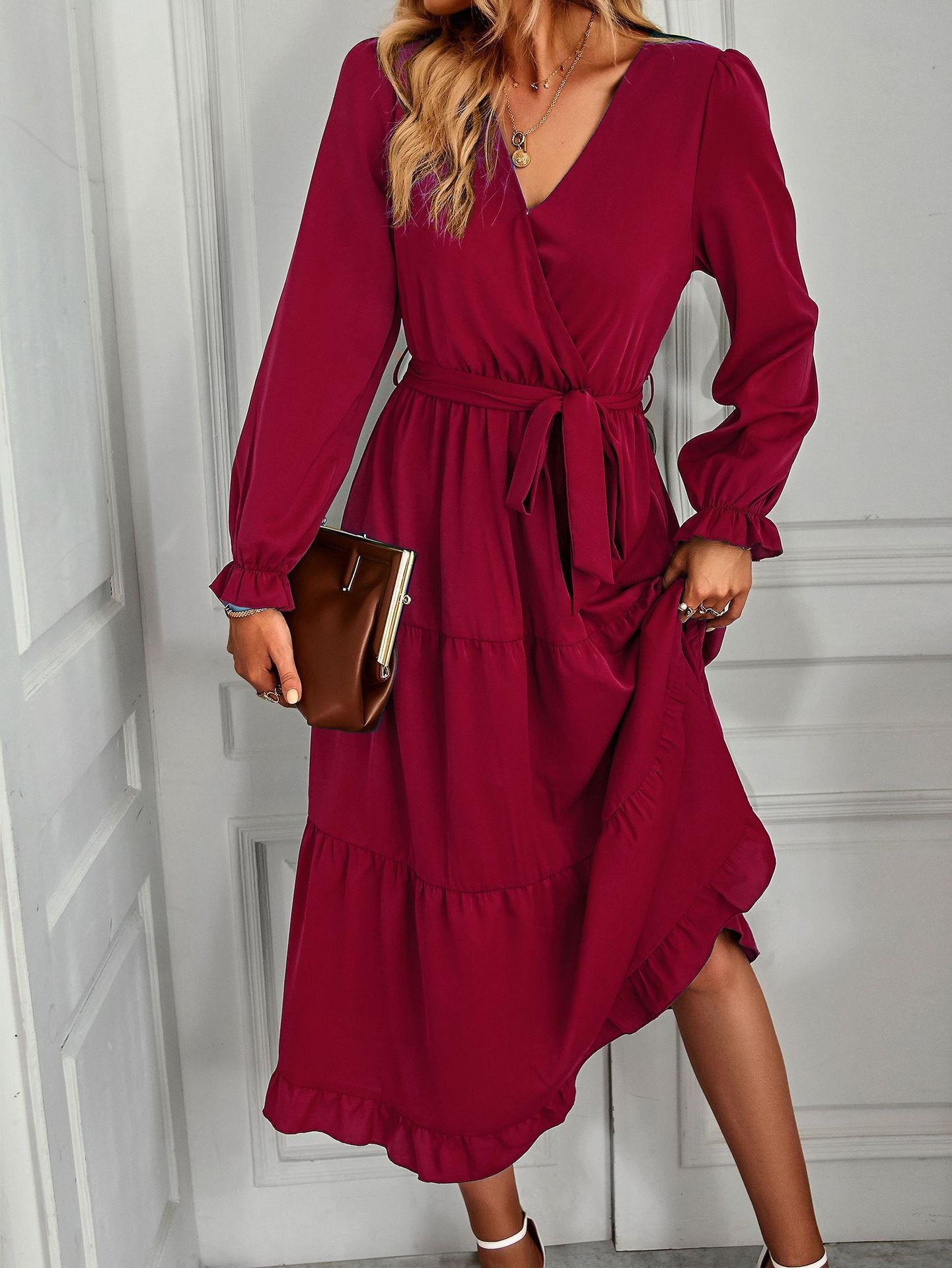 Casual Long Sleeve V-neck Sash Tiered Midi Dress