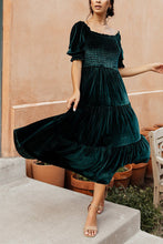 Load image into Gallery viewer, Gold Velvet Squared Neck Ruffles High Waist Smocked Tiered Midi Dress
