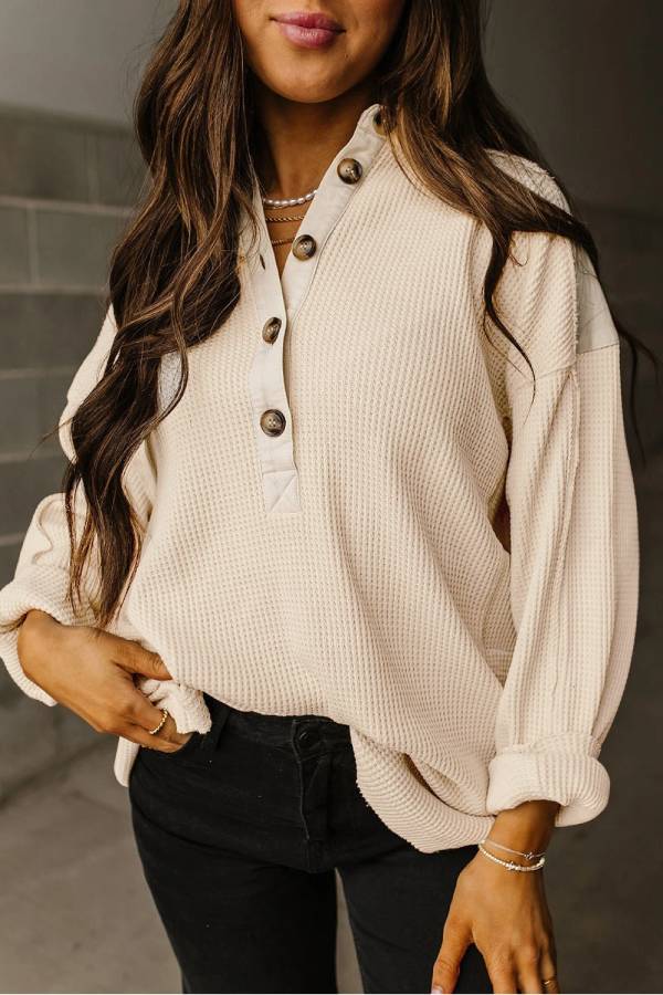 Casual Waffle Patchwork Drop Sleeve Henley Sweatshirt Top