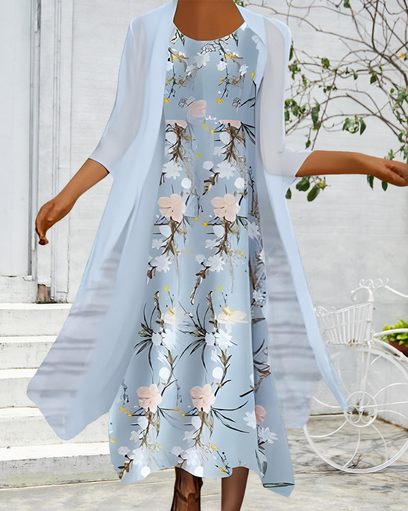 Blue Floral Midi Two Piece Dress