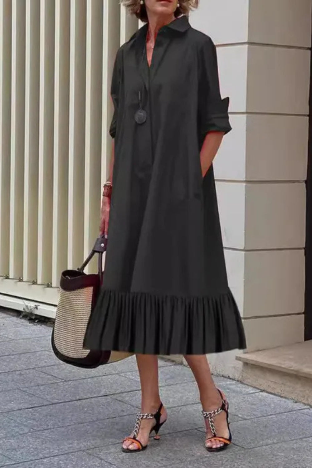 Black Long Sleeves Buttons Down Ruffled Midi Shirt Dress