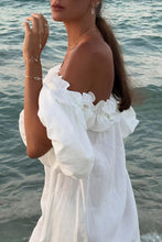 Load image into Gallery viewer, White Off Shoulder Ruffle Short Sleeve Slit Front Midi Dress

