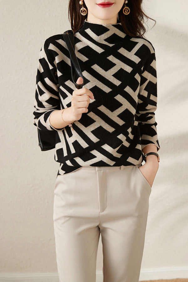 Casual Letter Jacquard Half Neck Sweater
