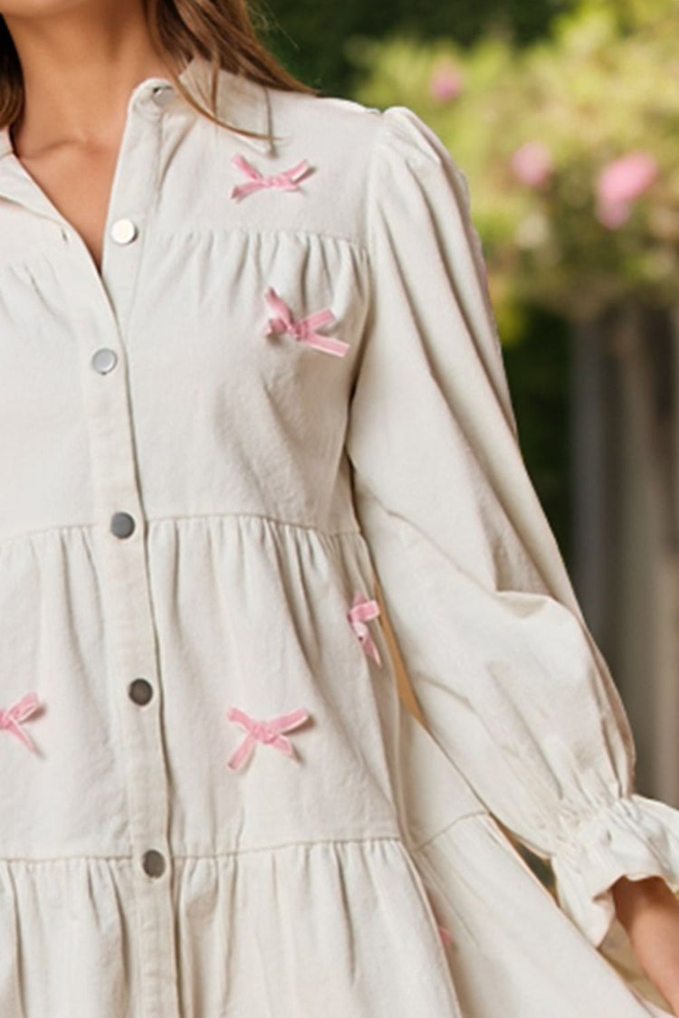 Collared Neck Flounce Sleeve Bow Mini Dress