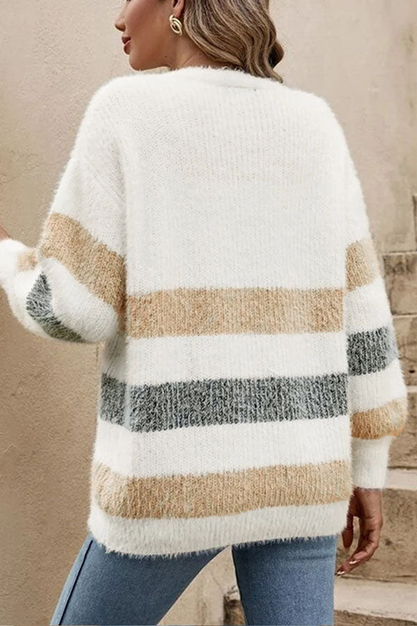 Casual Multicolor Striped Button Front Fuzzy Cardigan