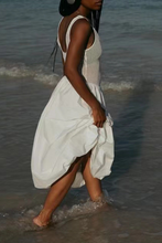 Load image into Gallery viewer, White Casual Patchwork U Neck Sleeveless Midi Dress
