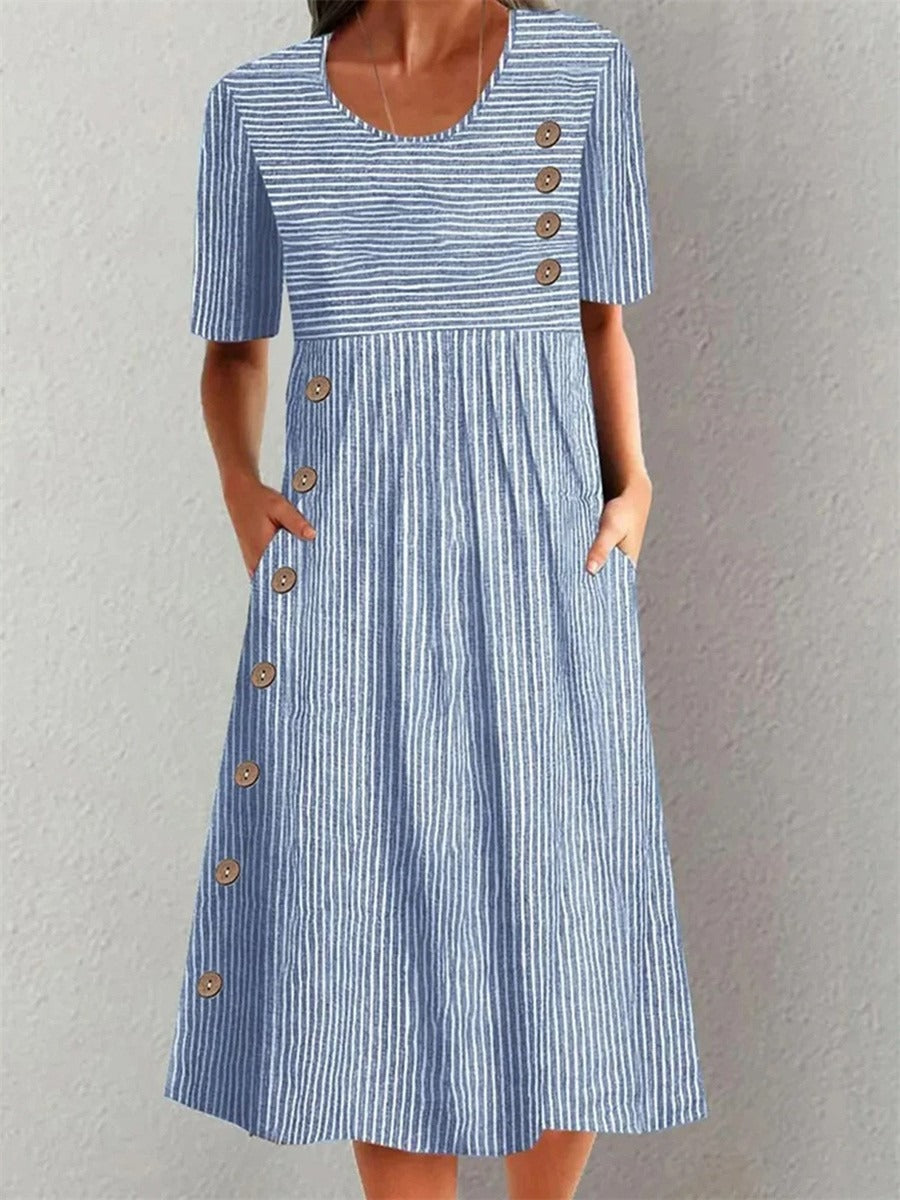 Blue Casual Striped Crew Neck Buttons Midi Dress