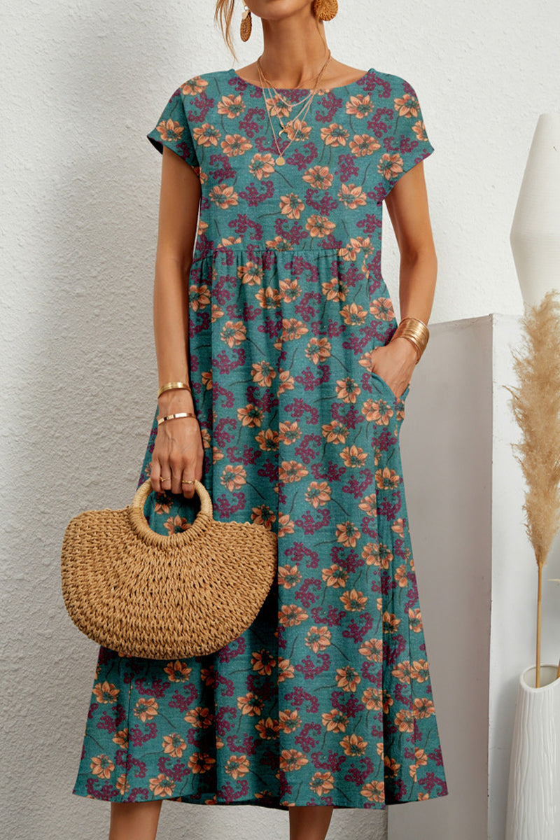 Casual Floral Pocket Round Neck Midi Dress