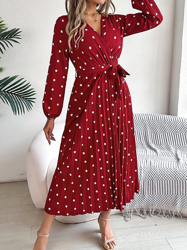 Classic V-neck Long Sleeves Polka Dots Print Midi Dress
