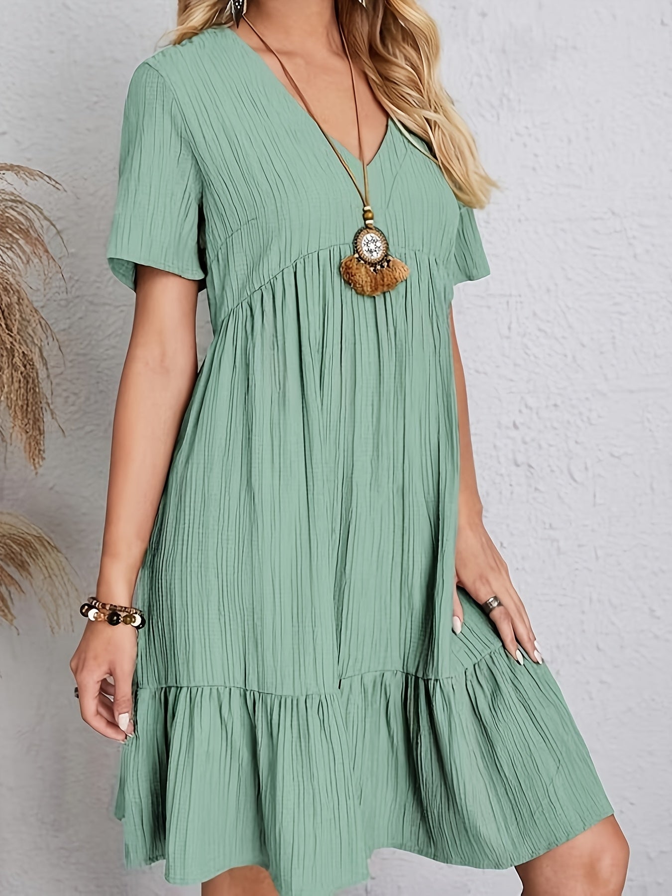 Elegant Casual Short Sleeve V-Neck Tiered Midi Dress