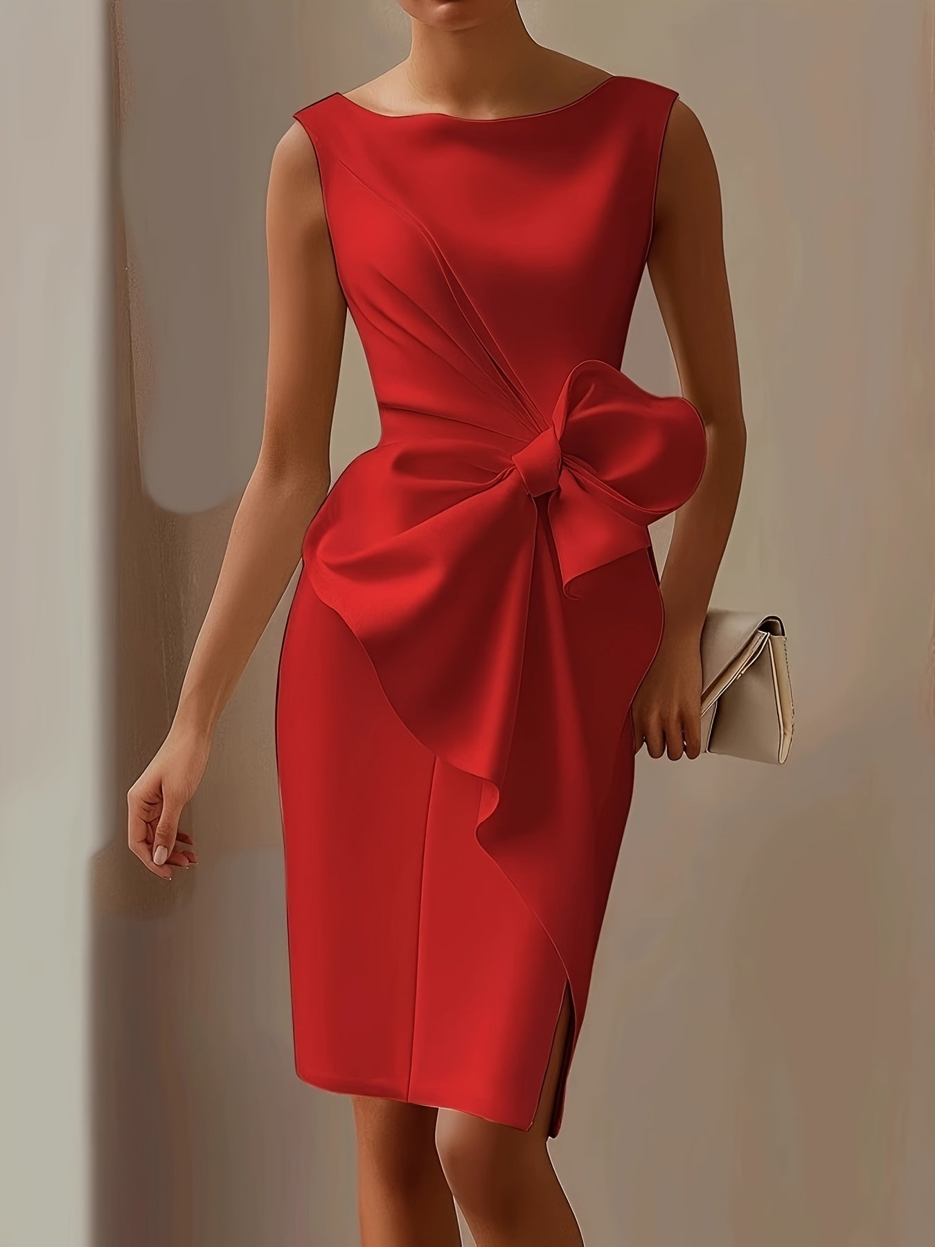 Elegant Sleeveless Crew Neck Bow Ruched Mini Dress