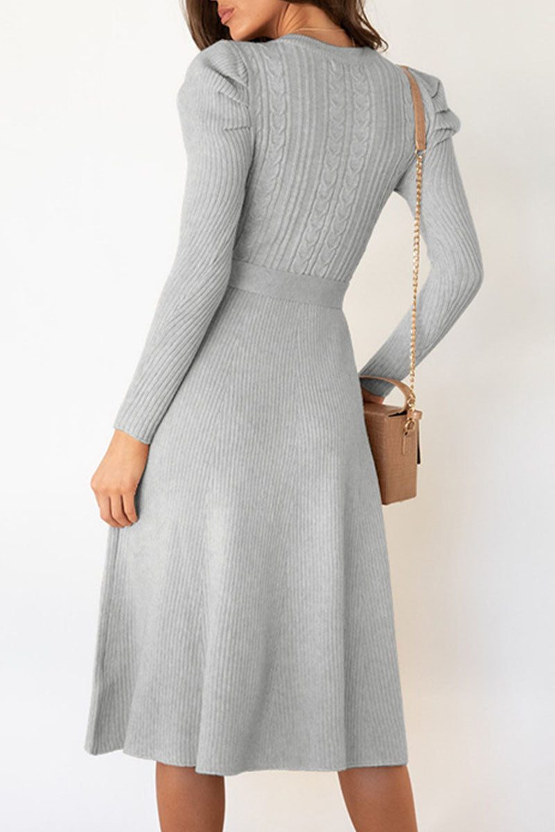 Casual Round Neck Tied Waist Long Sleeves Midi Sweater Dress
