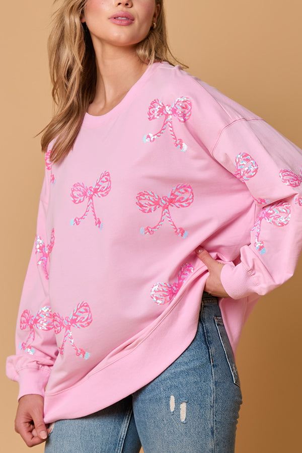 Bow Sequin Casual Loose Long Sleeve Sweatshirt