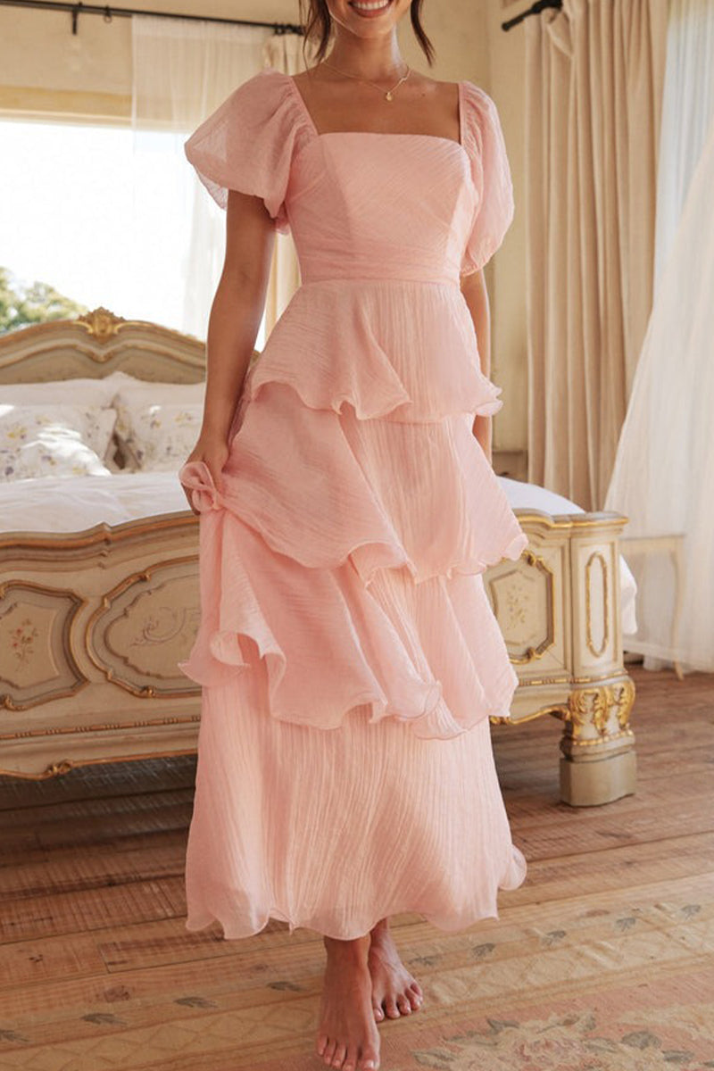 Classic Flounce Square Neck Tiered Midi Dress