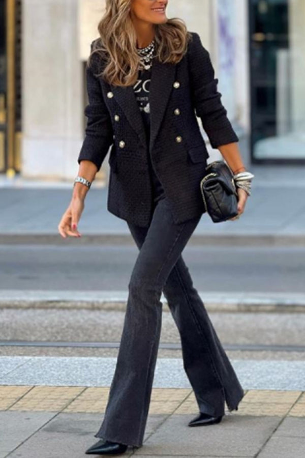 Black Lapel Buttons Tweed Blazer