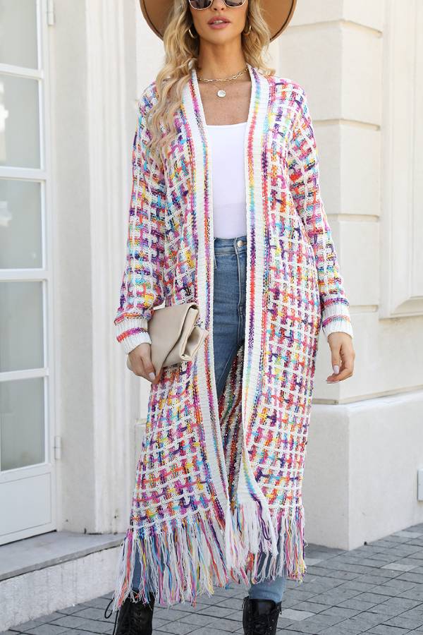 Color Block Fringed Long Cardigan Coat