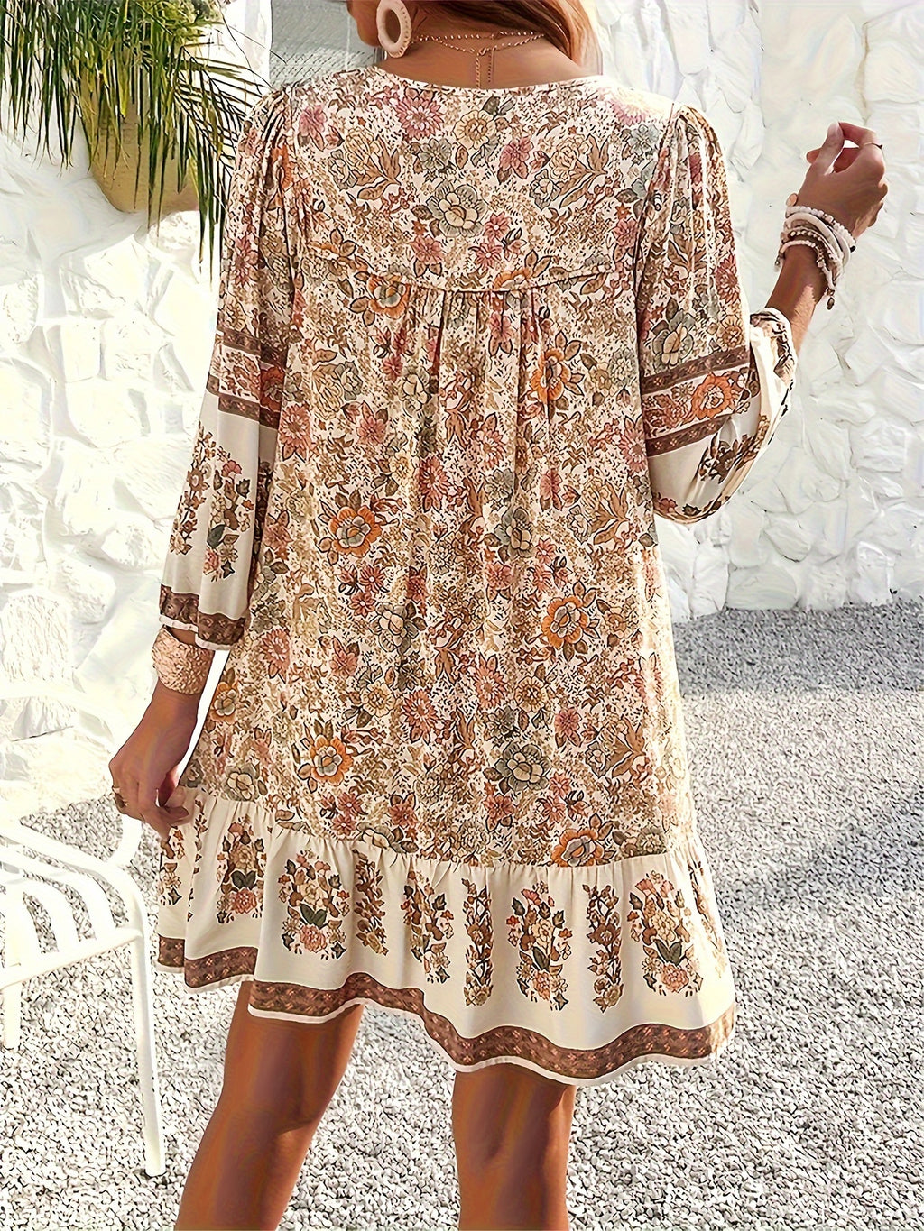 Loose Boho Long Sleeve Floral Tie Neck Mini Dress