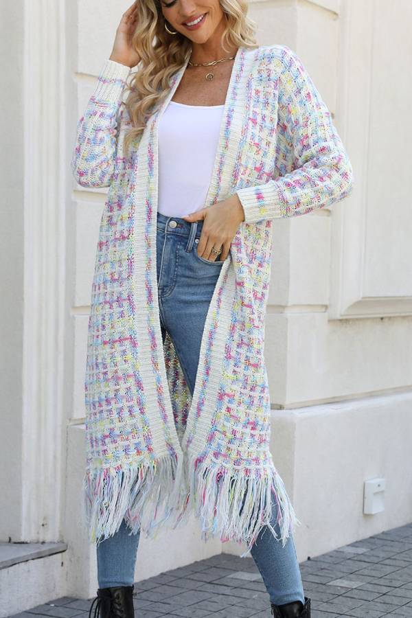 Color Block Fringed Long Cardigan Coat