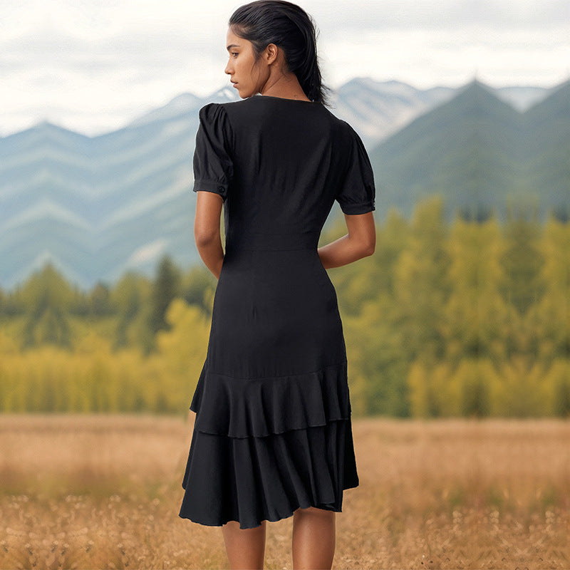 Casual Black Irregular Buttons Ruffles Mini Dress