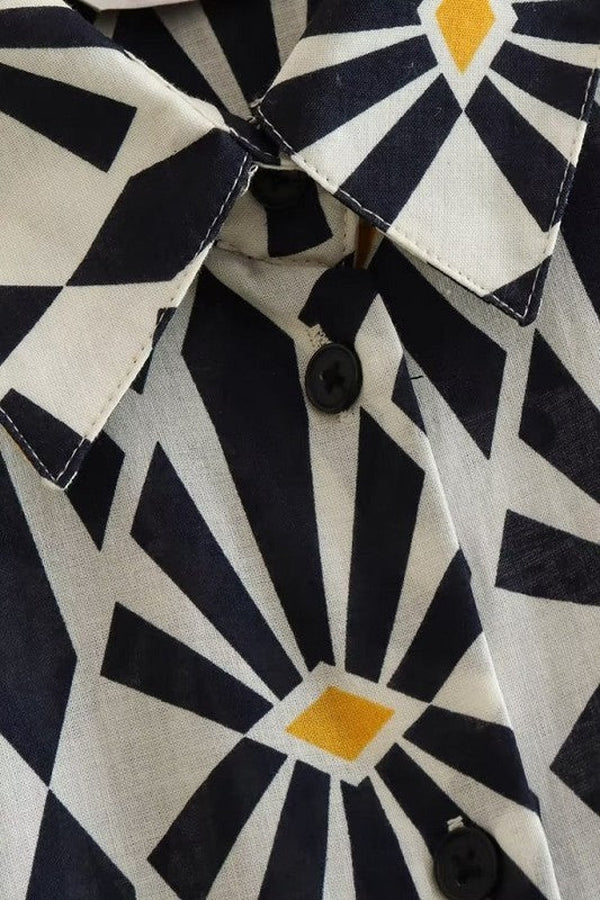 Black and White Print Long Sleeves Midi Dress