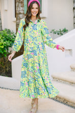 Load image into Gallery viewer, Green Print Long Sleeve Button Down Midi Dress
