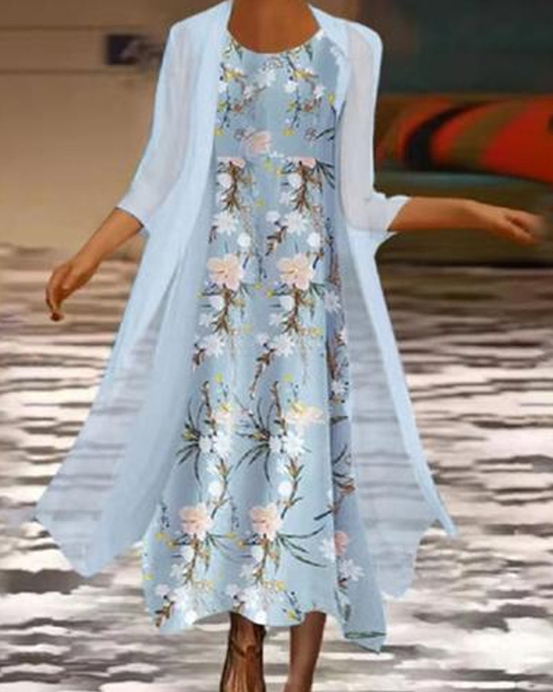 Blue Floral Midi Two Piece Dress