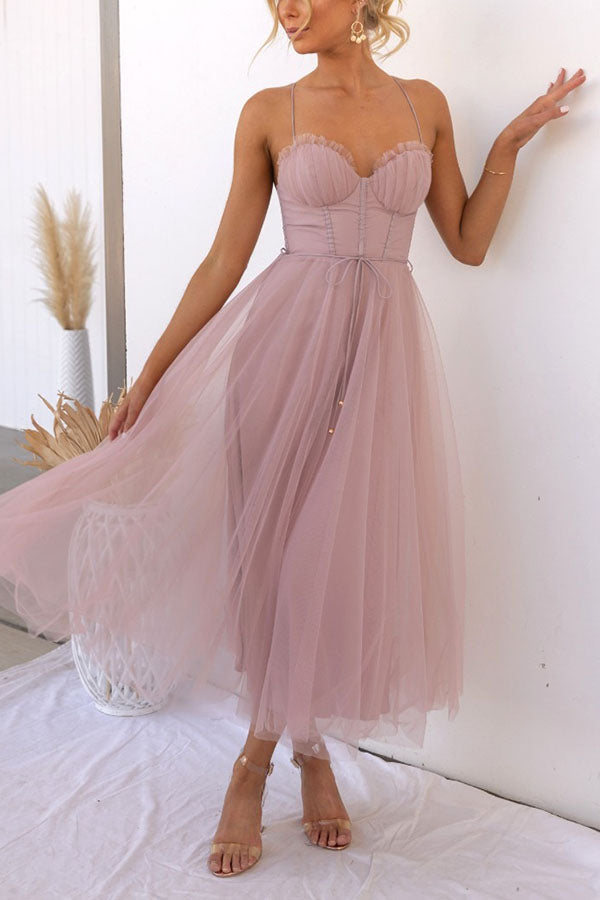 Elegant Sweatheart Spaghetti Staps Princess Tulle  Midi Party Dress