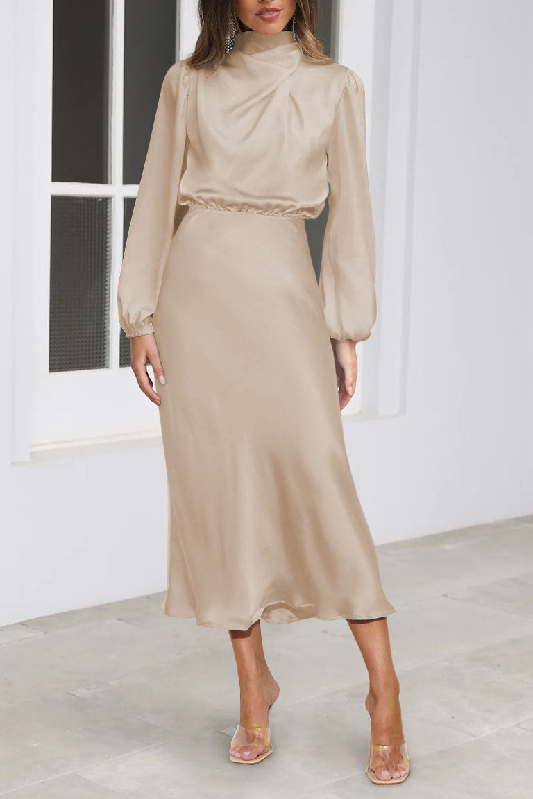 Chic Satin Long Sleeve Midi Party Dress