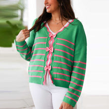 Load image into Gallery viewer, Green Stripped Bow Detail Trimmed Knit Cardigan
