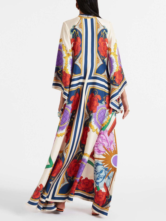 Elegant Ethnic Floral Print Long Sleeves Maxi Dress