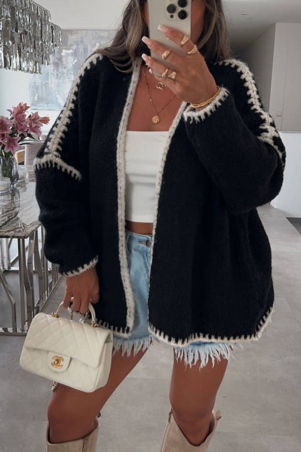 Casual Long-sleeved Loose Trimmed Knitted Cardigan