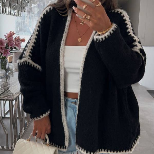Casual Long-sleeved Loose Trimmed Knitted Cardigan