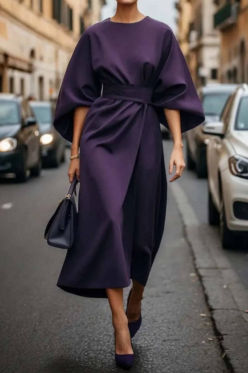 Elegant O Neck Long Sleeves Ruched Midi Dress